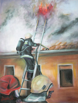 Bácsfalvi Zoltán tű. ftőrm. Létrán a tűzbe című festménye