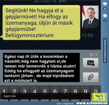 Belügyi SMS paródiája (Forrás: Facebook)