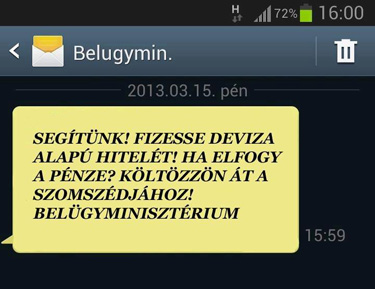 Belügyi SMS paródiája (Forrás: Facebook)